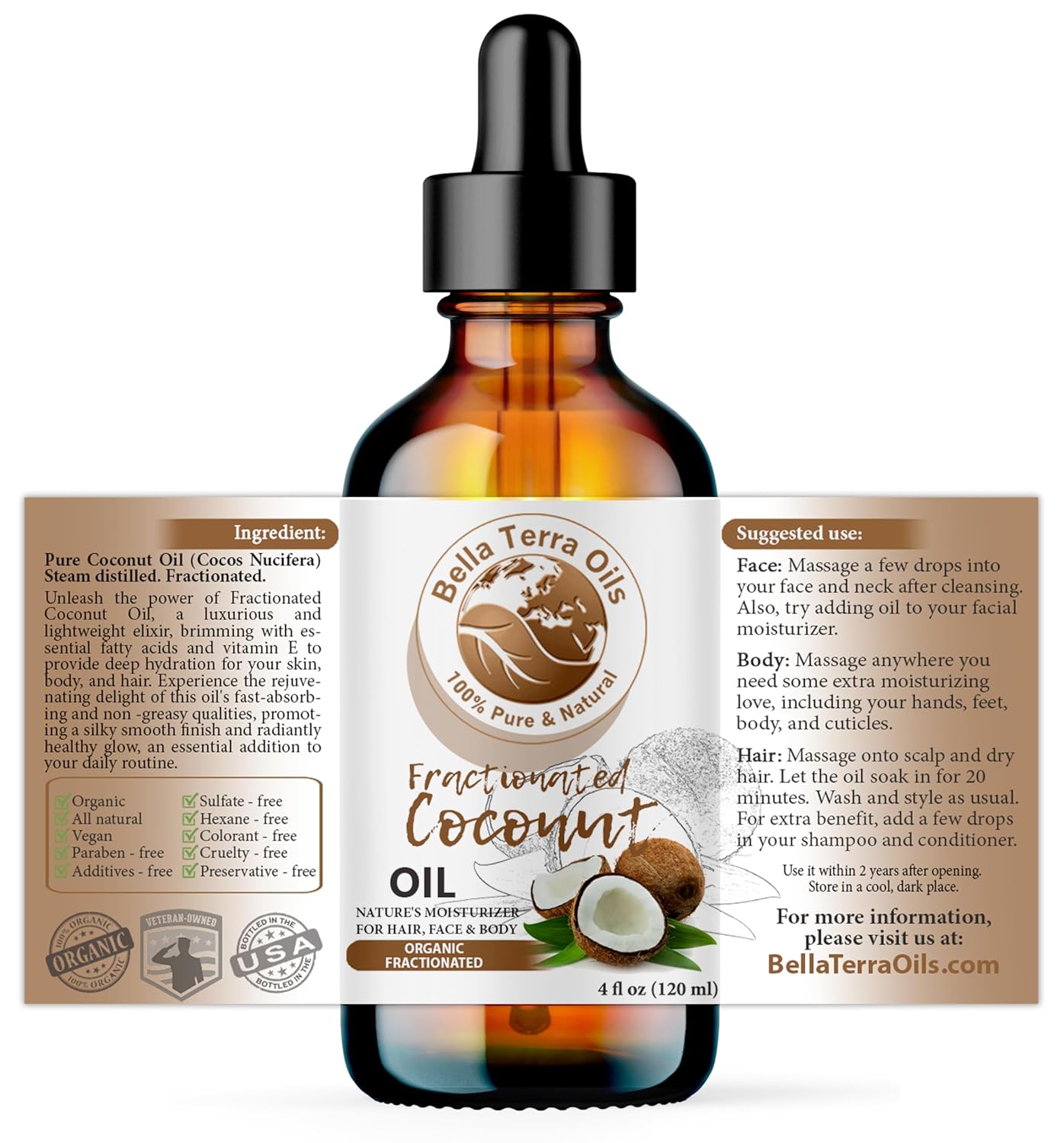 Bella Terra Oils - Organic Fractionated Coconut Oil (MCT) 4oz - Derived from Pure Coconut Essence, Abundant in Capric & Lauric Acid, Your Go-to Companion for Supple Skin