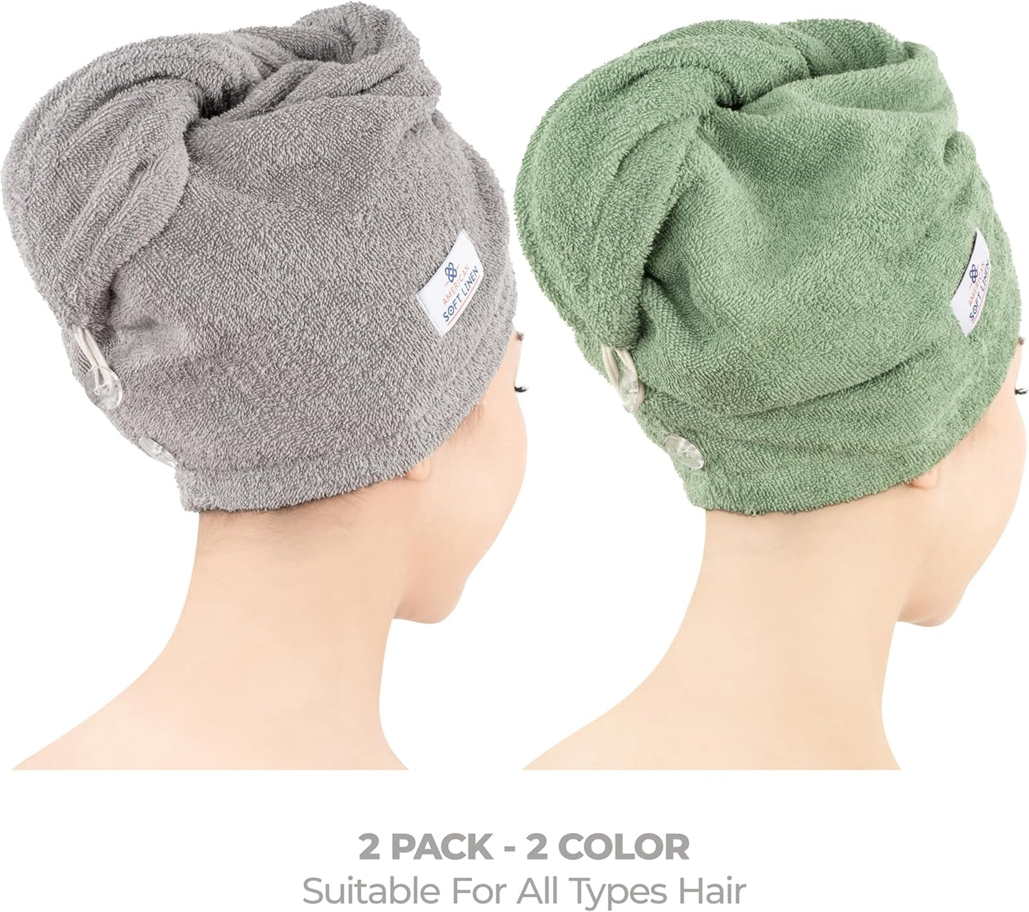 American Soft Linen 100% Cotton Hair Towels for Women, Head Towel Cap, Cotton Hair Turban Towel Wrap for Hair, Soft and Absorbent Cotton Hair Towels 2 Pack, Sage Green-Light Gray