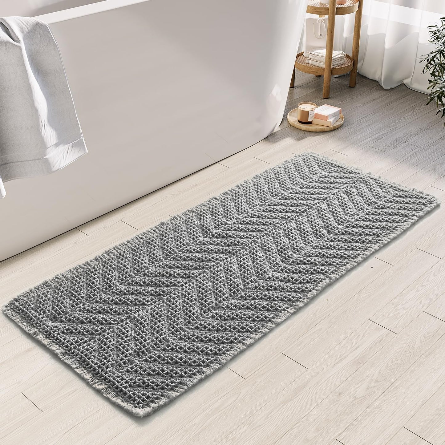 BohoBath Matts,Upgraded Waffle Super Absorbent Bath Mat,Bathroom Rugs Non Slip Washable, Quick Dry Shower Mats, Ultra Soft Bath Mats for Bathroom Floor,Gray,19"*48"