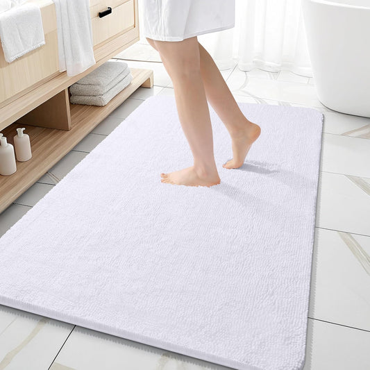 OLANLY Bathroom Rugs 59x35, Extra Soft Absorbent Chenille Bath Rugs, Rubber Backing Quick Dry, Machine Washable Bath Mats for Bathroom Floor, Tub and Shower, Home Decor Accessories, White