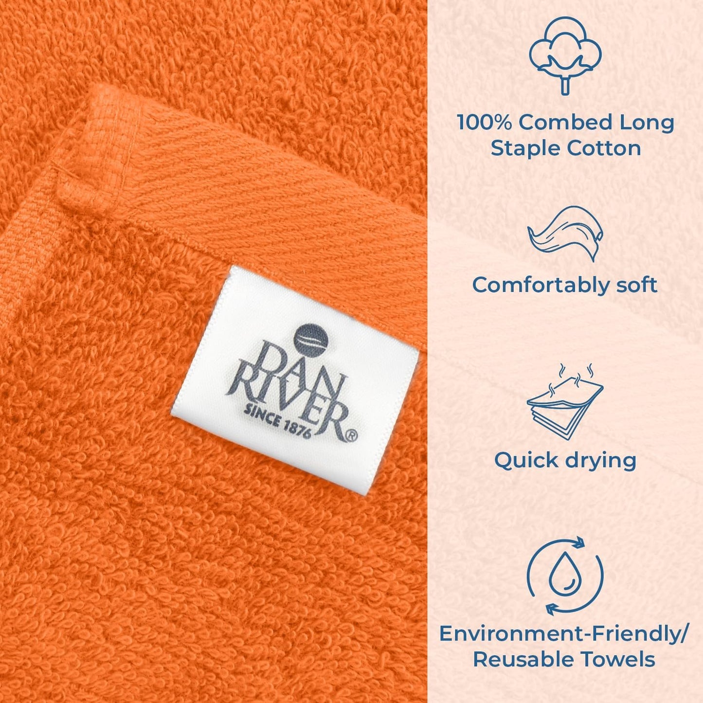 DAN RIVER Bath Towels Set of 4, 27 x 54 Inches, 100% Cotton, Larger & Lighter Weight, Quicker to Dry, Super Soft and Absorbent, Ideal Bathroom Towels Set for Daily Use, Orange