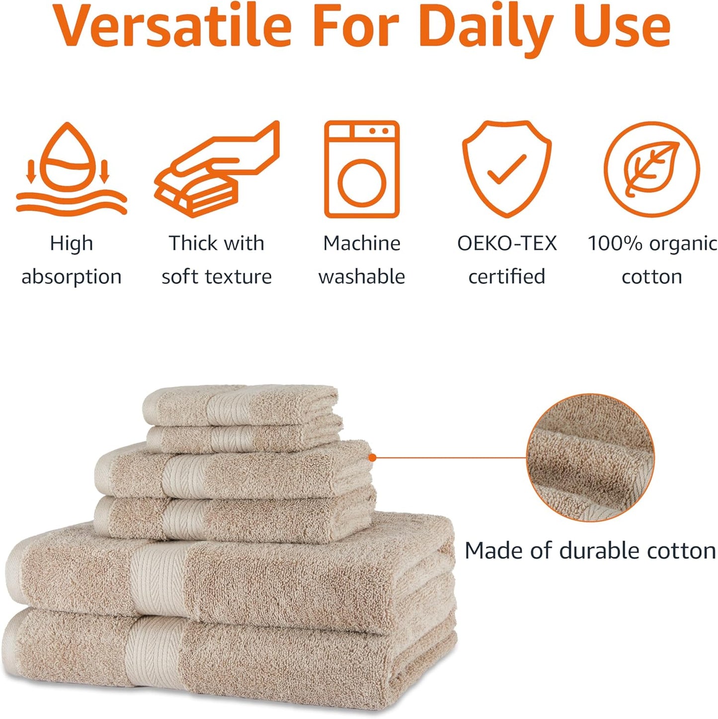 Amazon Basics Fade Resistant Bath, Hand and Washcloth Towel Set, 100% Cotton, Set of 6, 30 x 54 inches, Taupe