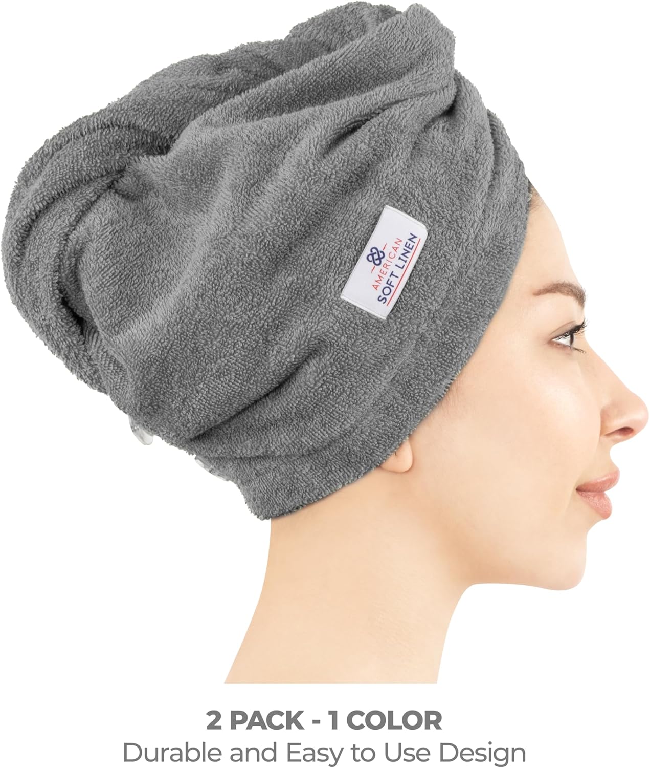 American Soft Linen 100% Cotton Hair Towels for Women, Head Towel Cap, Cotton Hair Turban Towel Wrap for Long Curly Anti Frizz Hair, Soft and Absorbent Cotton Hair Towels 2 Pack, Dark Gray