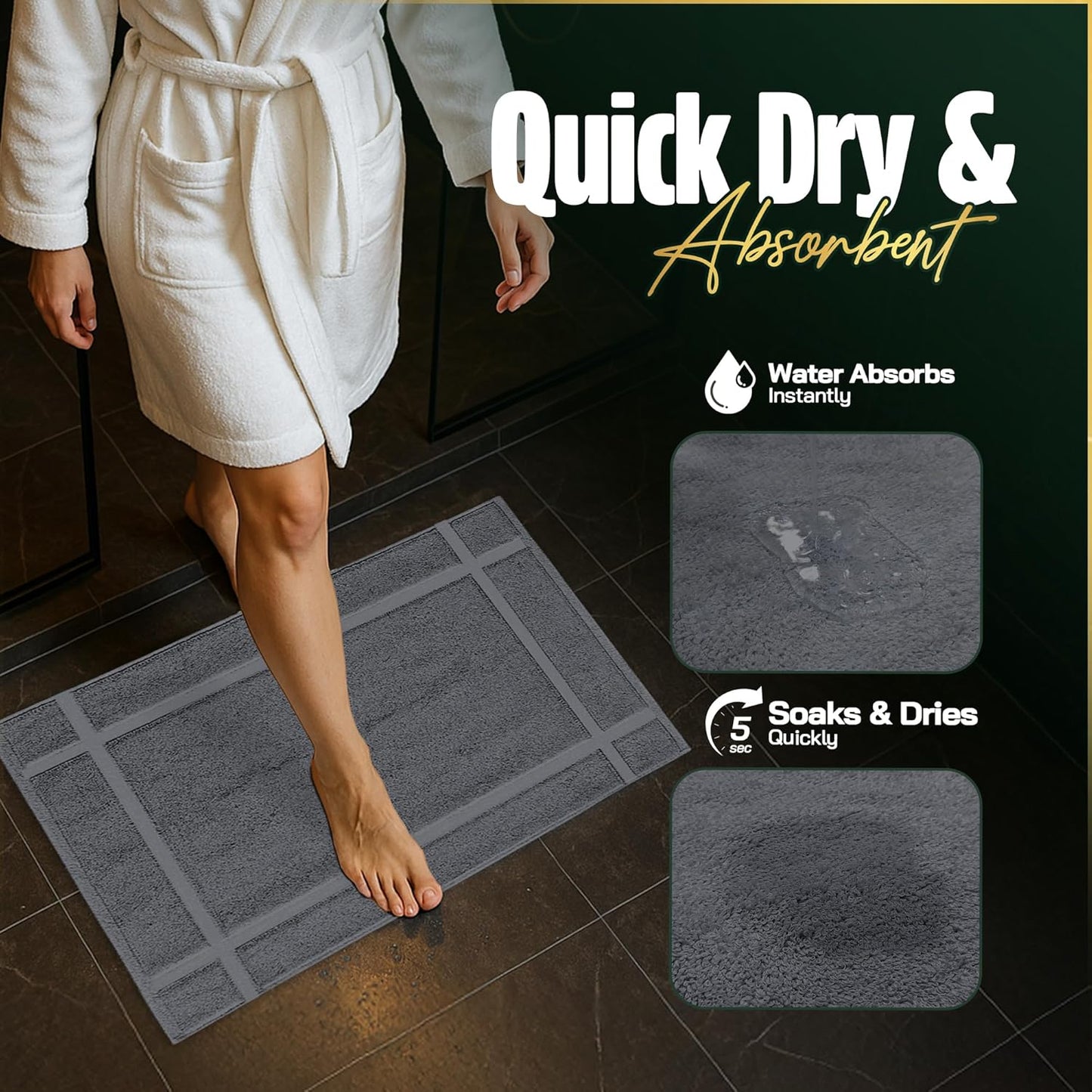 Pearl Linens Pack of 2 Washable Cotton Bath Mat 18x25 - Soft & Absorbent Quick Dry Bathroom Mat Set, Not Bathroom Rugs After Shower Mat, Terry Bath Tub Mat, 687 GSM Dark Grey