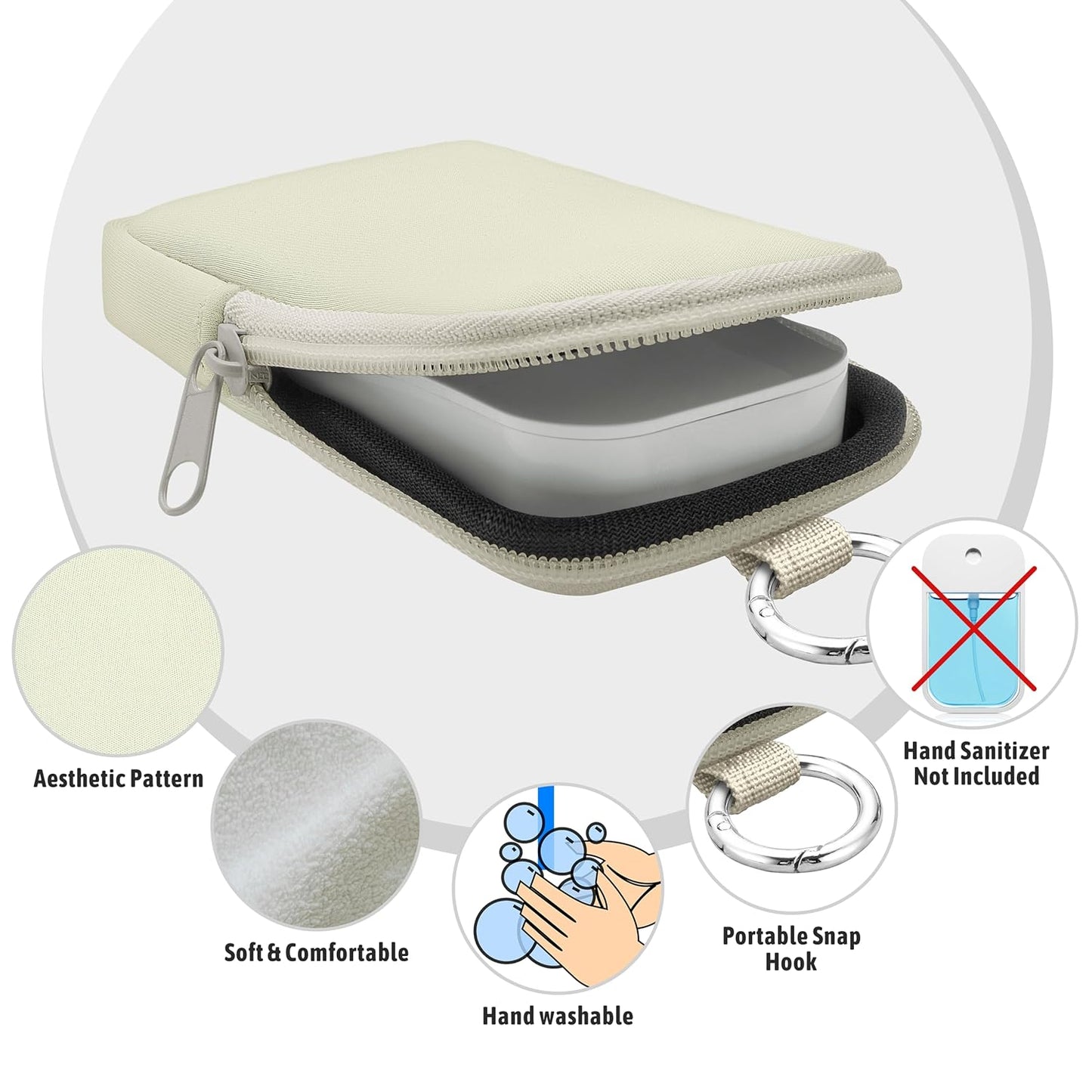 Hand Sanitizer Spray Case, Hand Sanitizer Holder Zippered Pouch, Cute Fashion Accessory with Snap Hook for Glow Mist and Power Mist 1FL OZ, White