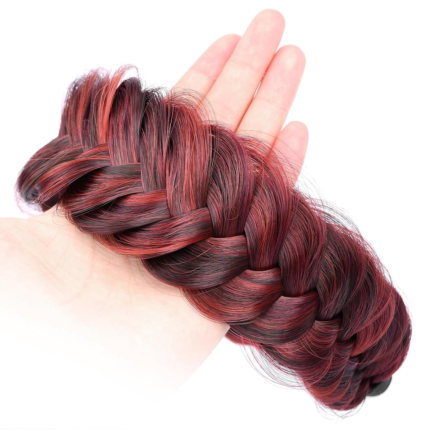 DIGUAN Wide Messy Braided Headband With Teeth Synthetic Hair Plaited Headband High Elasticity Braids Chunky Fishtail Braided Hair Band Hairpiece for Girls Women Beauty Accessory (Burgundy)