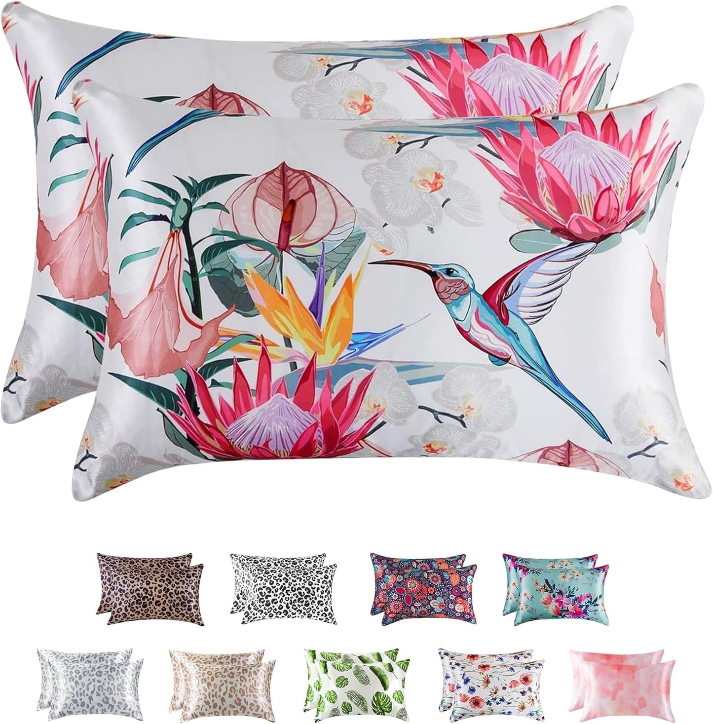 MR&HM Satin Pillowcase for Hair and Skin, Silk Satin Pillowcase 2 Pack, Standard Size Pillow Cases Set of 2, Silky Pillow Cover with Envelope Closure (20x26, Floral Bird)