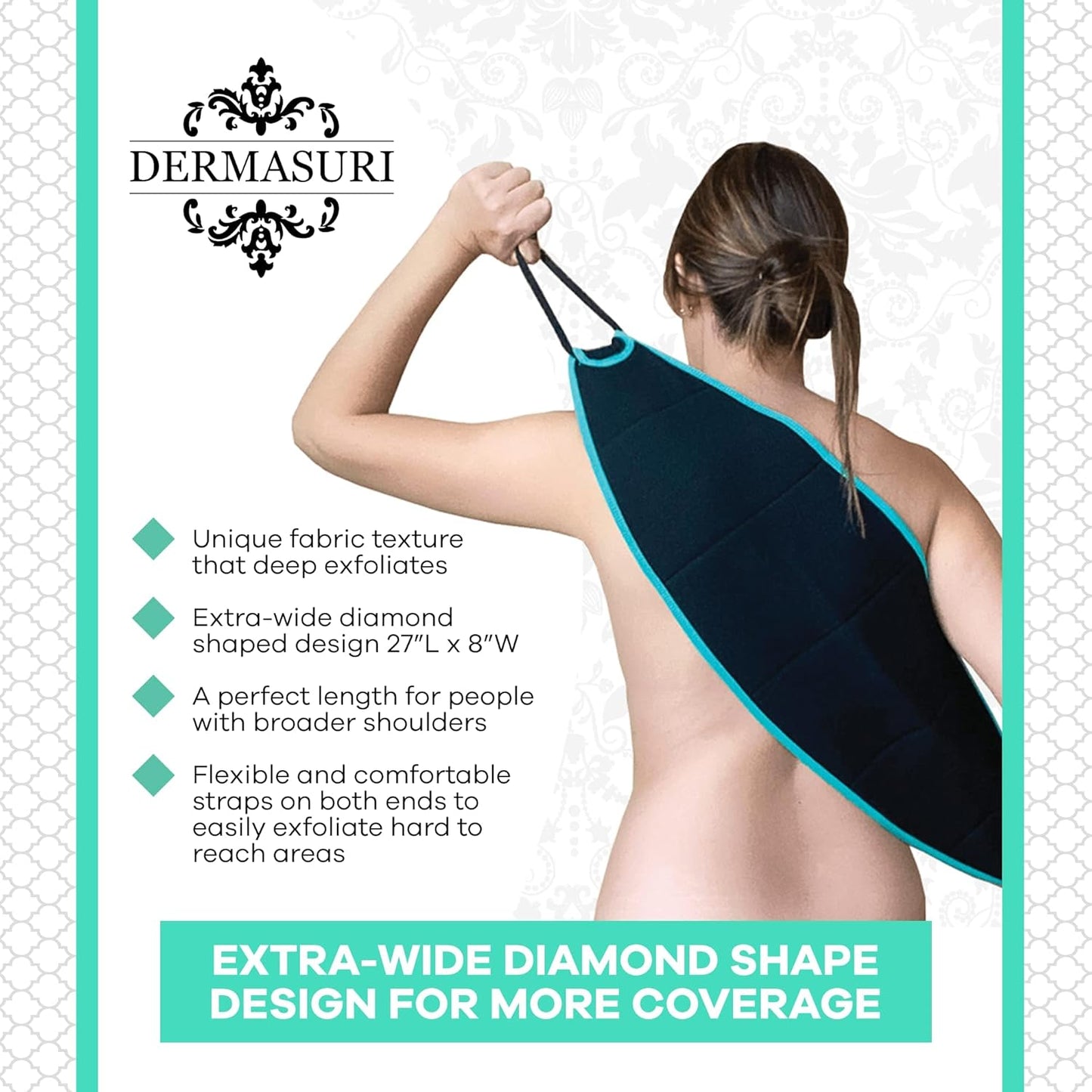 Dermasuri Deep Exfoliating Back Scrubber -Bath & Shower Back Scrub - Body Exfoliator Scraper Tool - Deep Exfoliation Body Cleaner for Shower, 27" Long, 8" Wide