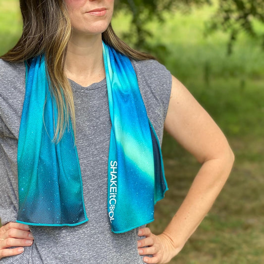 SHAKEitCOOL Extended Size Cooling Towel – Be Cool in Style - Heat Relief, Soft, Lightweight, Sun Protection, Easy Clean - Perfect for Biking, Hiking, Running, Yoga, Golf, Gardening - Alaskan Sky M