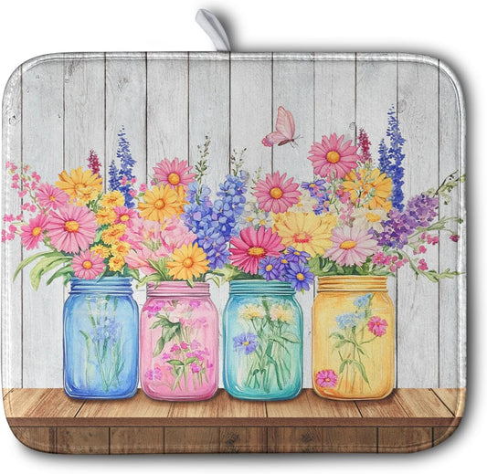 Daisy Dish Drying Mat for Kitchen Counter Spring Summer Flowers Vases Dishes Pad Microfiber Absorbent Dish Draining Mats Rustic Farmhouse Floral Wooden Board Dish Drainer Rack Mat 16x18 Inch