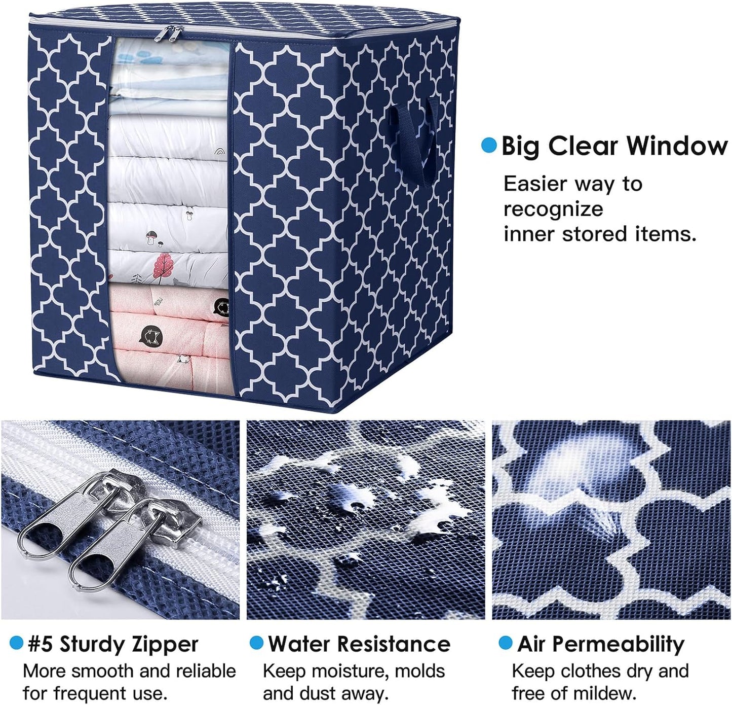 WISELIFE Storage Bags 3 Pack/100L Large Blanket Clothes Organization and Storage Containers for Comforters,Bedding, Foldable Organizer with Reinforced Handle, Clear Window, Sturdy Zippers,Blue