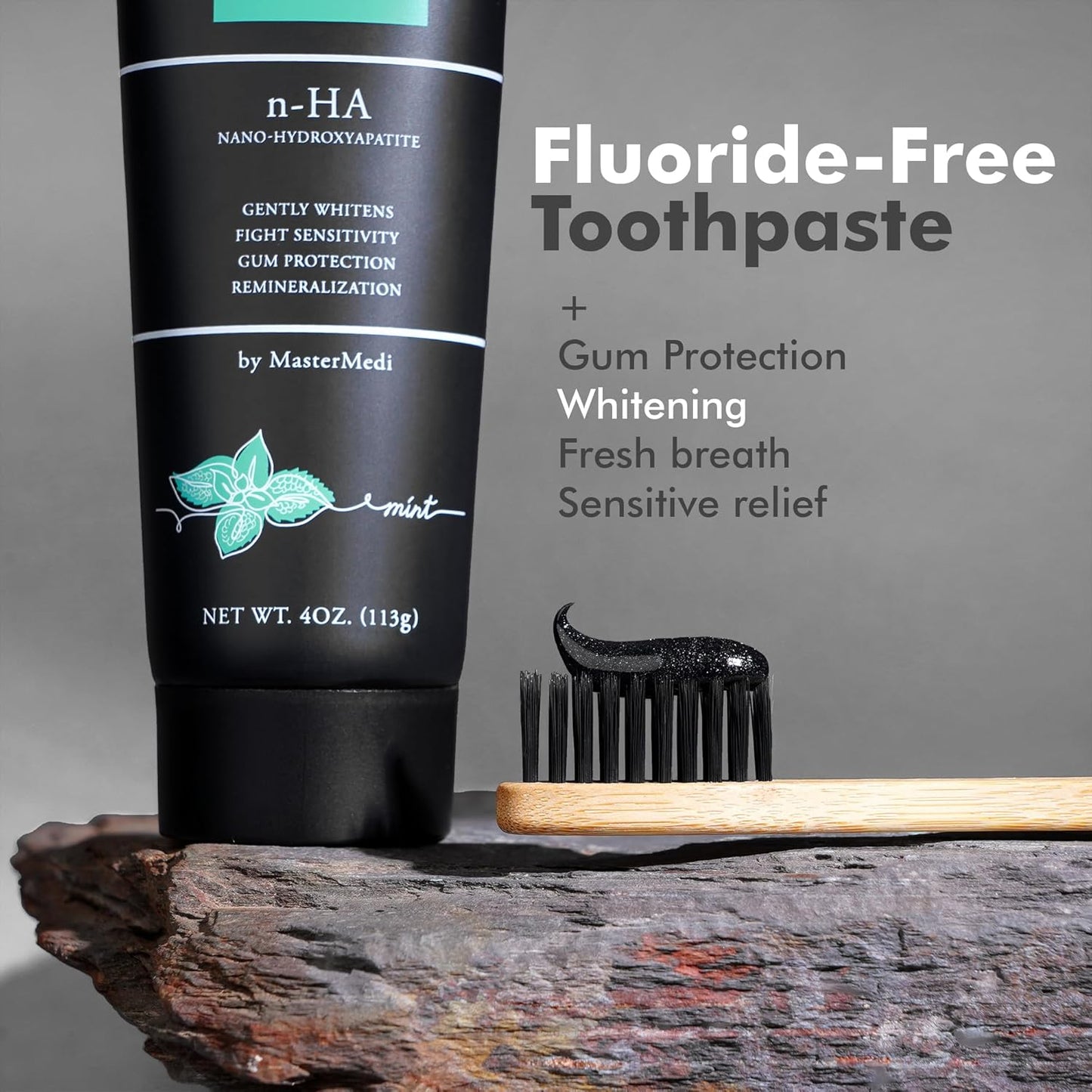 MasterMedi Nano Hydroxyapatite Toothpaste (Inspired by 10% nHA Formulas), Fluoride-Free, Charcoal Whitening, Sensitive Teeth Care, Enamel Support, SLS-Free, Xylitol, Citrus Mint, 4 Oz (Pack of 1)