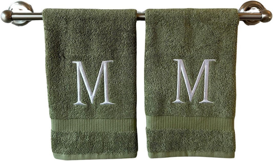 Sage Initial Hand Towel for Bathroom - Monogrammed Luxury Hotel Quality Decorative Embroidered Towel for Powder Room, Spa - GOTS Organic Certified - Set of 2 Letter M