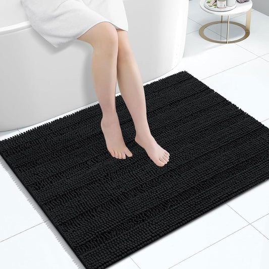 Grandaily Chenille Striped Bathroom Rugs 40x32, Extra Thick and Absorbent Bath Mats, Non-Slip Soft Plush Shaggy Shower Carpet, Machine Wash Dry, Bath Rug for Bathroom, Black
