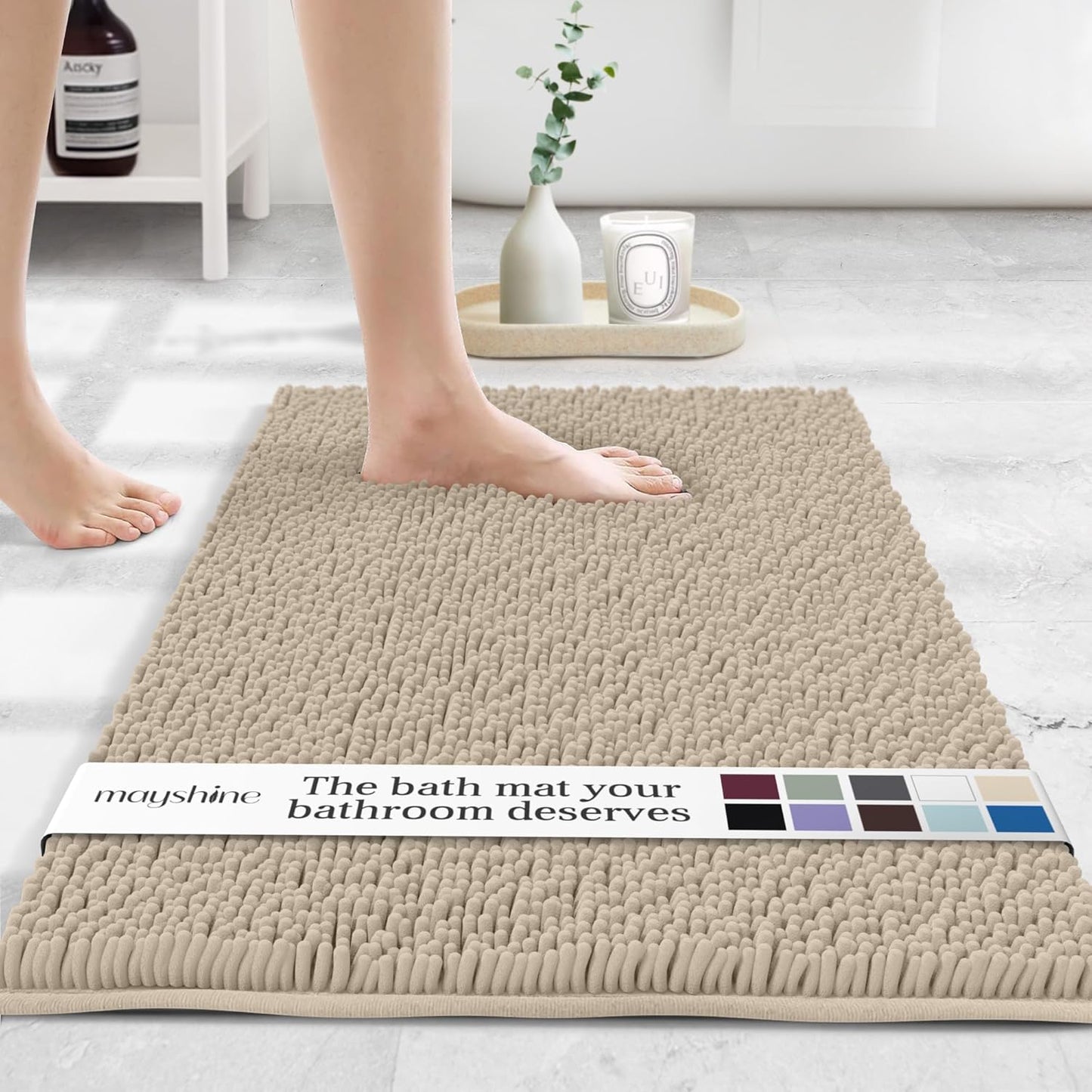MAYSHINE Plush Shaggy Chenille Bath Mat | Extra Soft, Super Absorbent, Non-Slip Bathroom Rug | Fluffy Microfiber, Area Rug Sets for Bathroom Floor, Kitchen, Living Room | 32"x20" | Beige