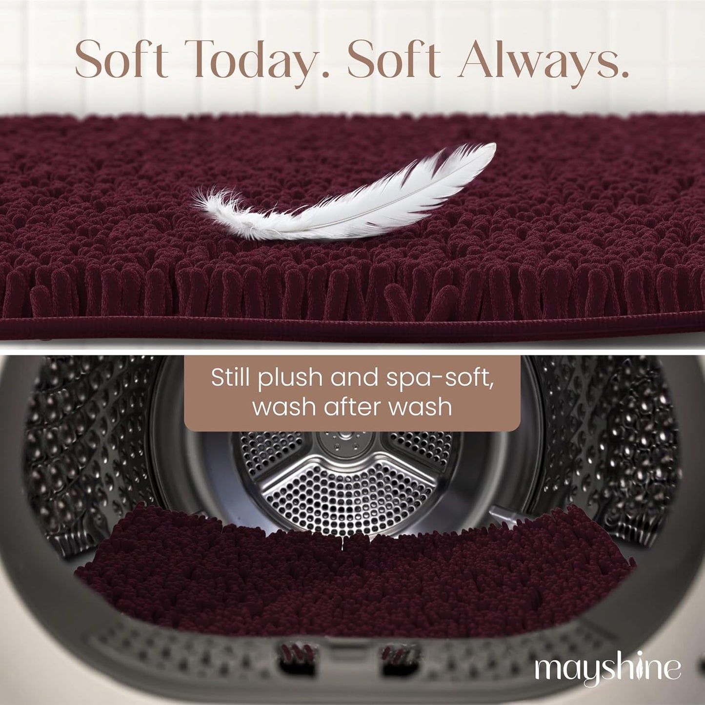 MAYSHINE Plush Shaggy Chenille Bath Mat | Extra Soft, Super Absorbent, Non-Slip Bathroom Rug | Fluffy Microfiber, Area Rug Sets for Bathroom Floor, Kitchen, Living Room | 32"x20" | Burgundy