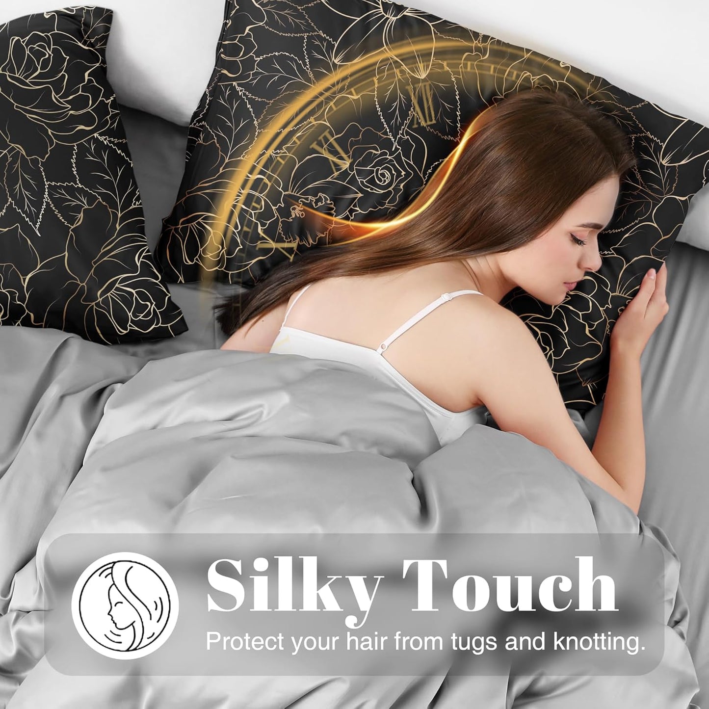 EXQ Home Satin Pillowcase for Hair and Skin- Rose on Black Silk Pillowcase 2 Pack 20x26 inches - Standard Size Pillow Cases with Envelope Closure, Gifts for Women