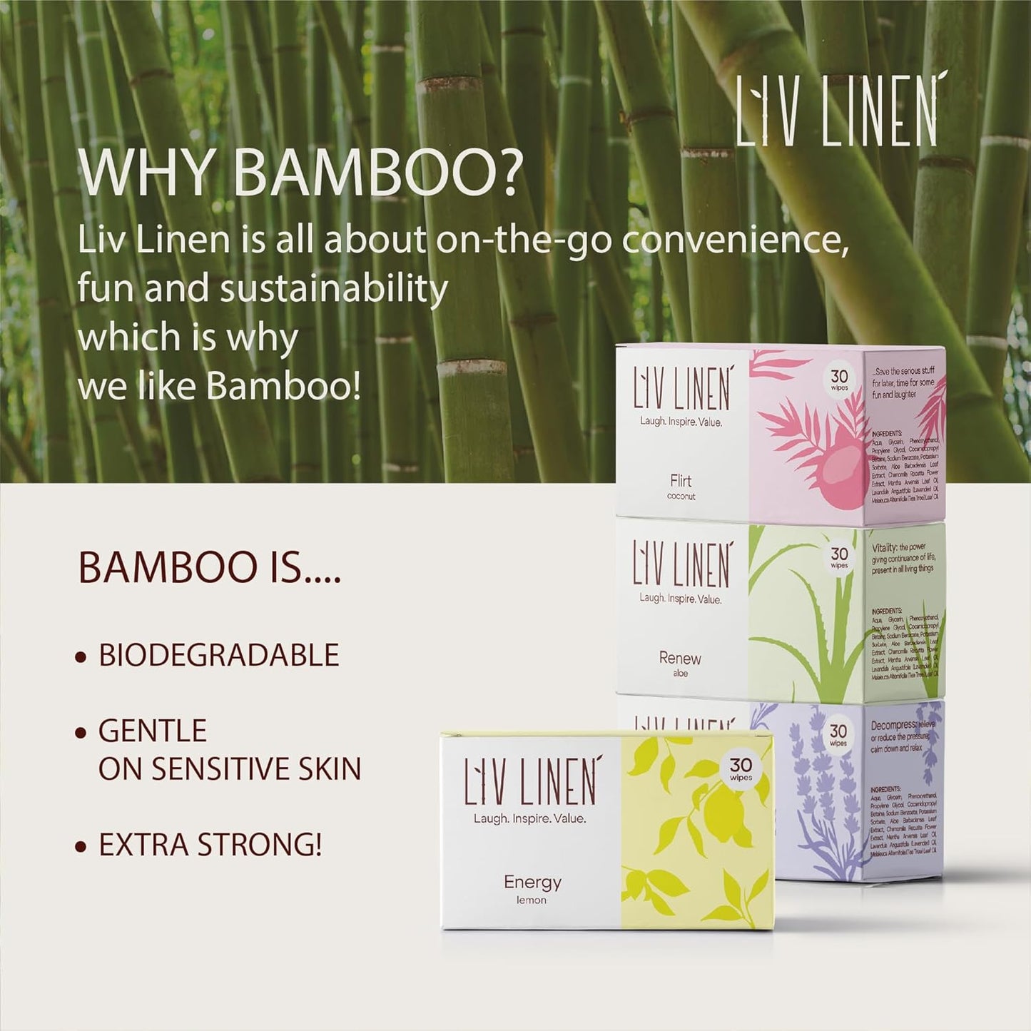 Bamboo Deodorant Wipes - 30 count - Individually Packaged - Aromatherapy Scents (Lemon, Lavender, Aloe and Coconut) (30 count, Lemon)
