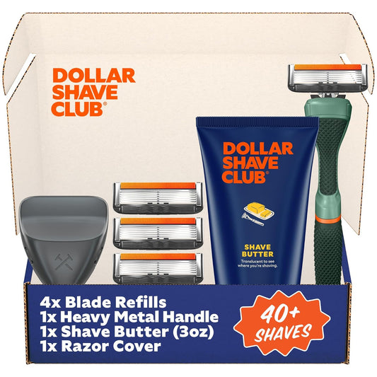 Dollar Shave Club | The Member Exclusive Shave Set | 4 Extra Close Refill Cartridges, 1 Handle (Green), 1 Shave Butter 3 ounce, 1 Razor Cover, Razors for Men