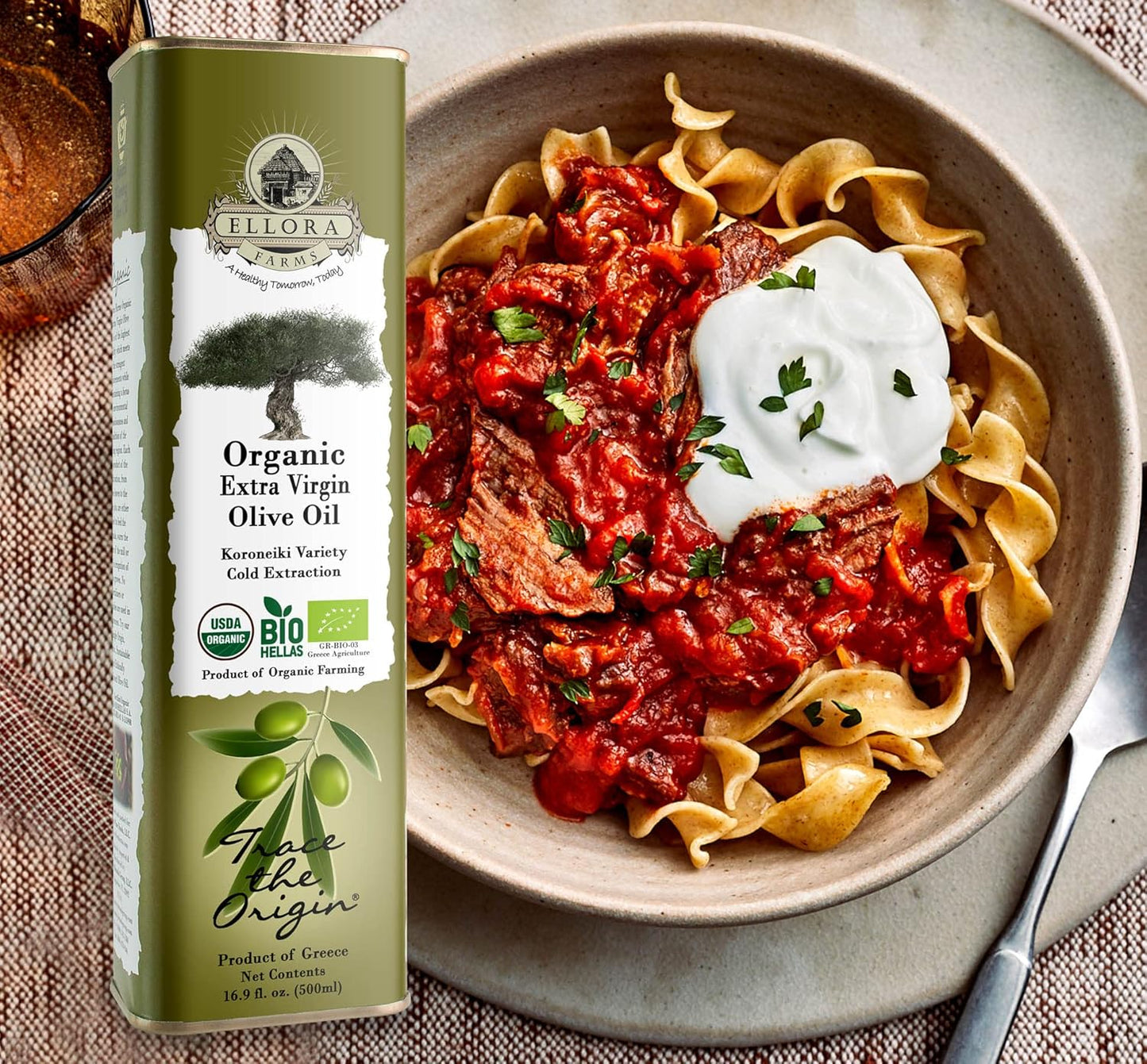 Ellora Farms, Extra Virgin Olive Oil, Organic Cold Press, Traceable Single Origin Olive Oil, Kosher, 17 oz. tin