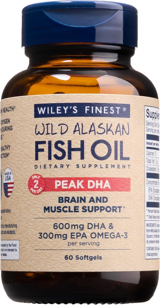 Wiley's Finest Wild Alaskan Fish Oil Peak DHA - 900mg EPA and DHA Omega-3s - 60 Softgels (30 Servings)
