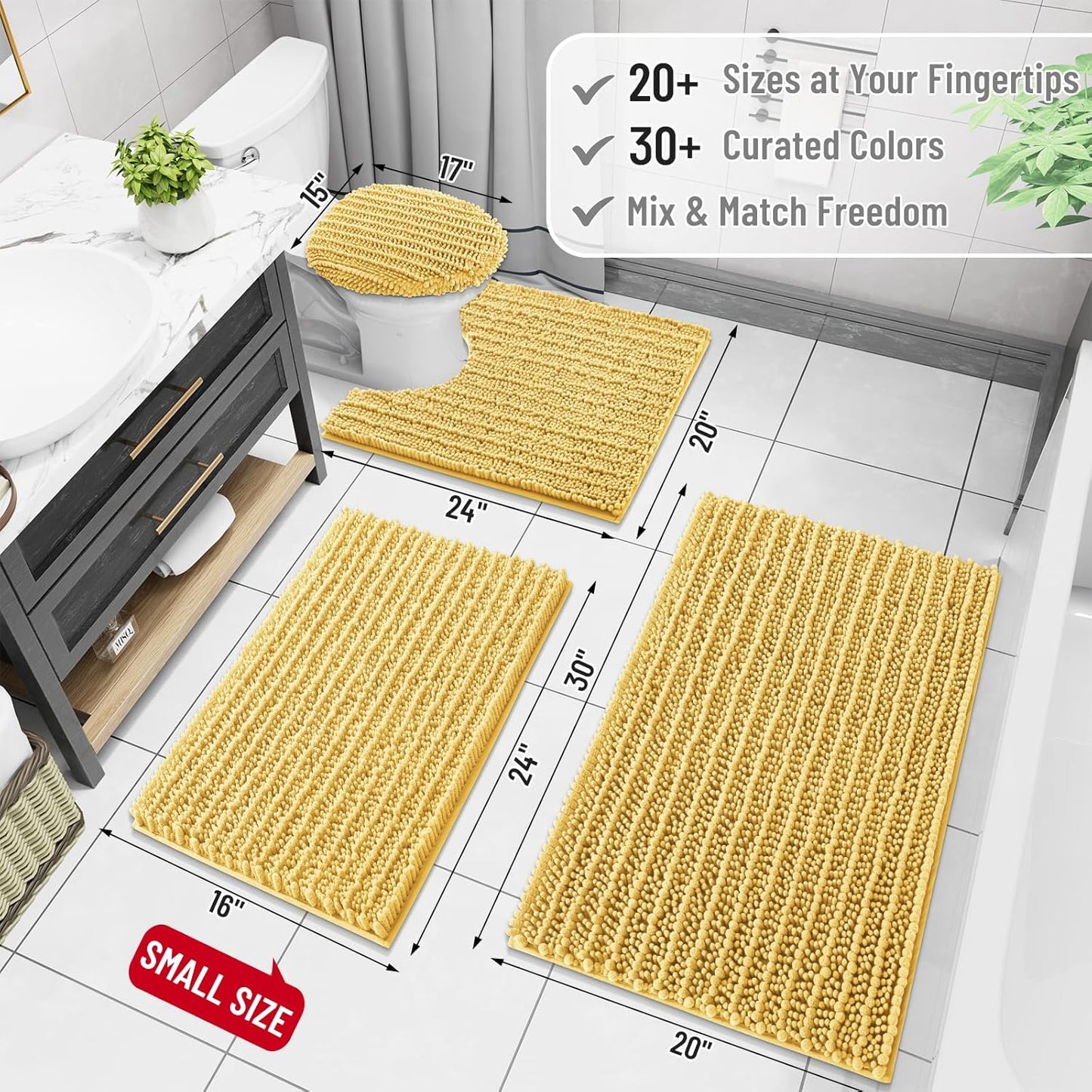 Arotive Luxury Chenille Bathroom Rug Mat, Extra Soft Thick Absorbent Shaggy Bath Rugs, Non-Slip Machine Wash Dry, Plush Bath Mats for Bathroom, Shower and Tub, 40x32, Yellow