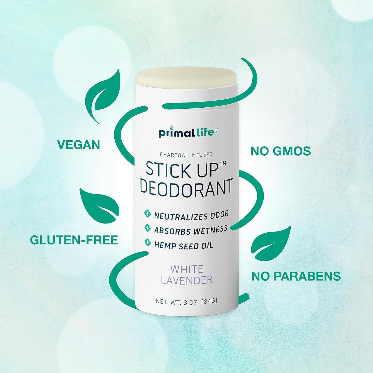 Stick Up Natural Deodorant for Women and Men with Bentonite Clay Powder, Arrowroot, Magnesium, Zinc, 3 oz. Vegan Deodorant for 3-4 months, White Lavender - Primal Life Organics