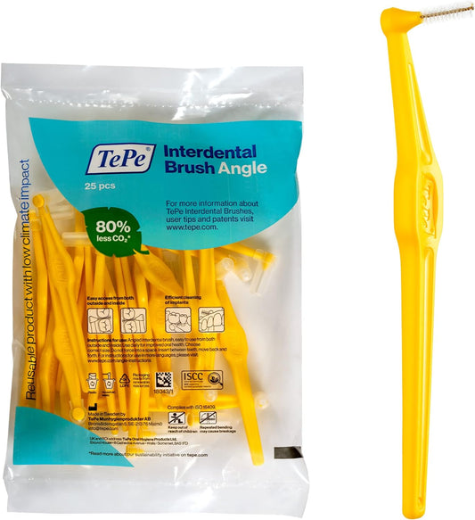 TePe Interdental Brush Angle, Angled Dental Brush for Teeth Cleaning, Pack of 25, 0.7 mm, Medium Gaps, Yellow, Size 4