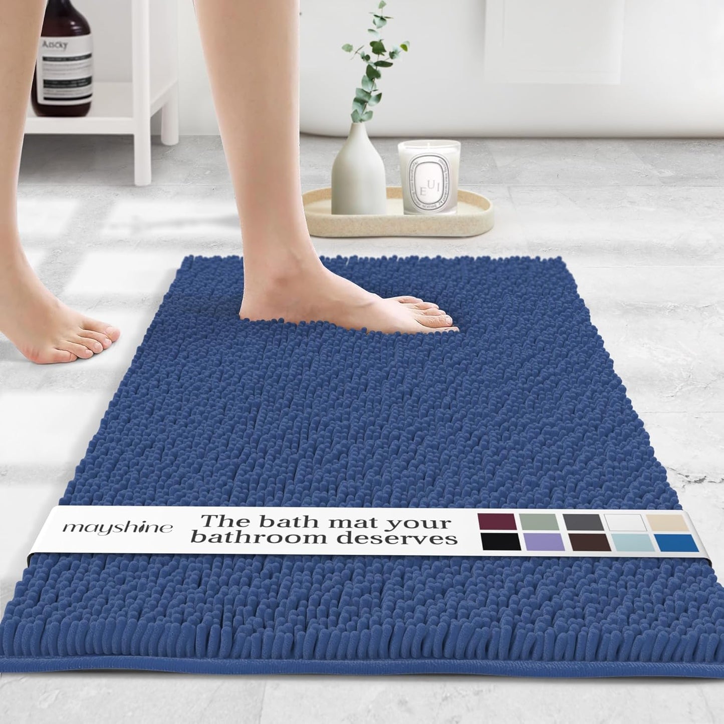 MAYSHINE Plush Shaggy Chenille Bath Mat | Extra Soft, Super Absorbent, Non-Slip Bathroom Rug | Fluffy Microfiber, Area Rug Sets for Bathroom Floor, Kitchen, Living Room | 39"x24" | Dark Blue