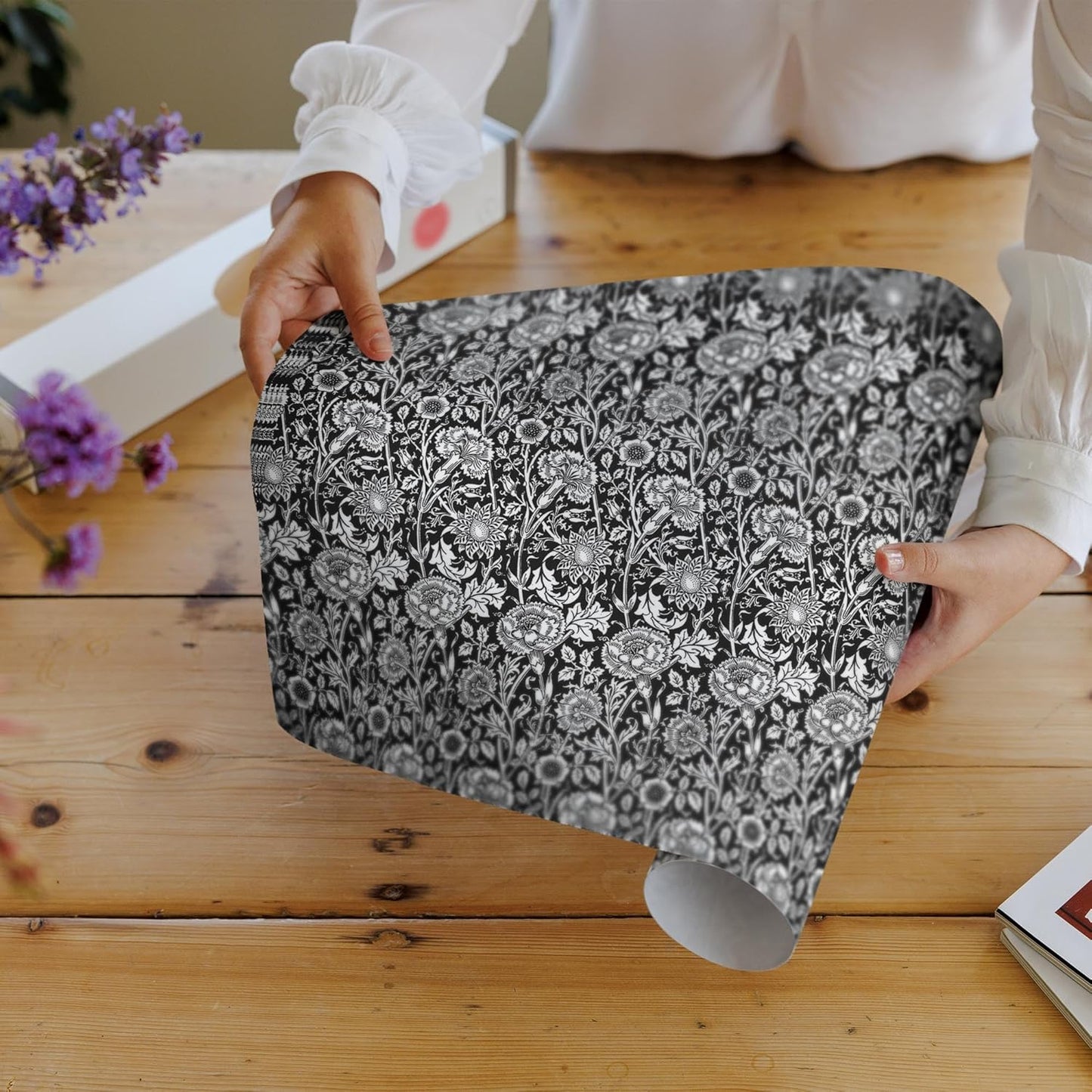 Sandalwood Scented Drawer Liners in a Black William Morris Design. Pack of 5 Folded Sheets | Contains Sandalwood Essential Oil | Made in The UK.