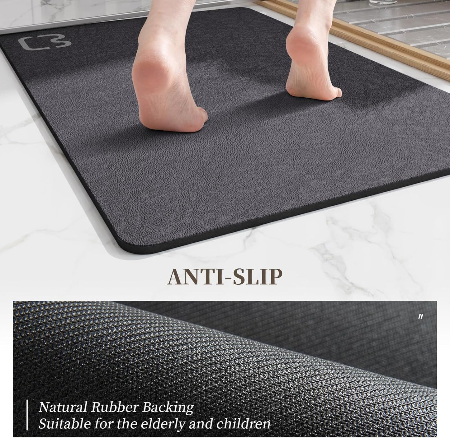 Diatomaceous Earth Bath Mat Rugs Quick Dry Super Absorbent Non Slip Rubber BottomThin Bathroom Mat Fit Under Door, Floor Rugs in Front of Bathtub,Shower Room,Sink,Washable, 17" x 32", Dark Grey