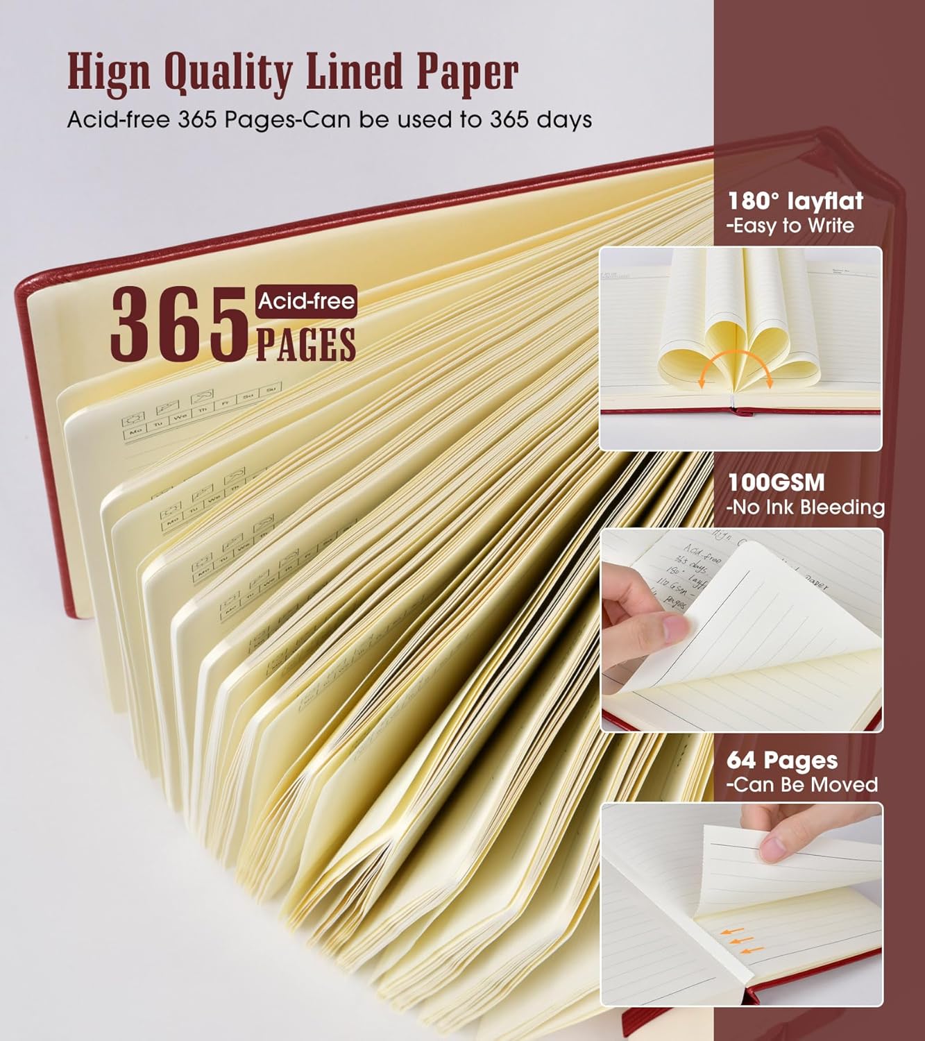 Lined Journal Notebook, 365 Pages A4 Big Journals for Writing College Ruled Notebook, Hardcover Leather Journal for Women Men, Daily Notebook for Work, Note Taking, 100Gsm Thick Paper(8.5" x 11"Wine)