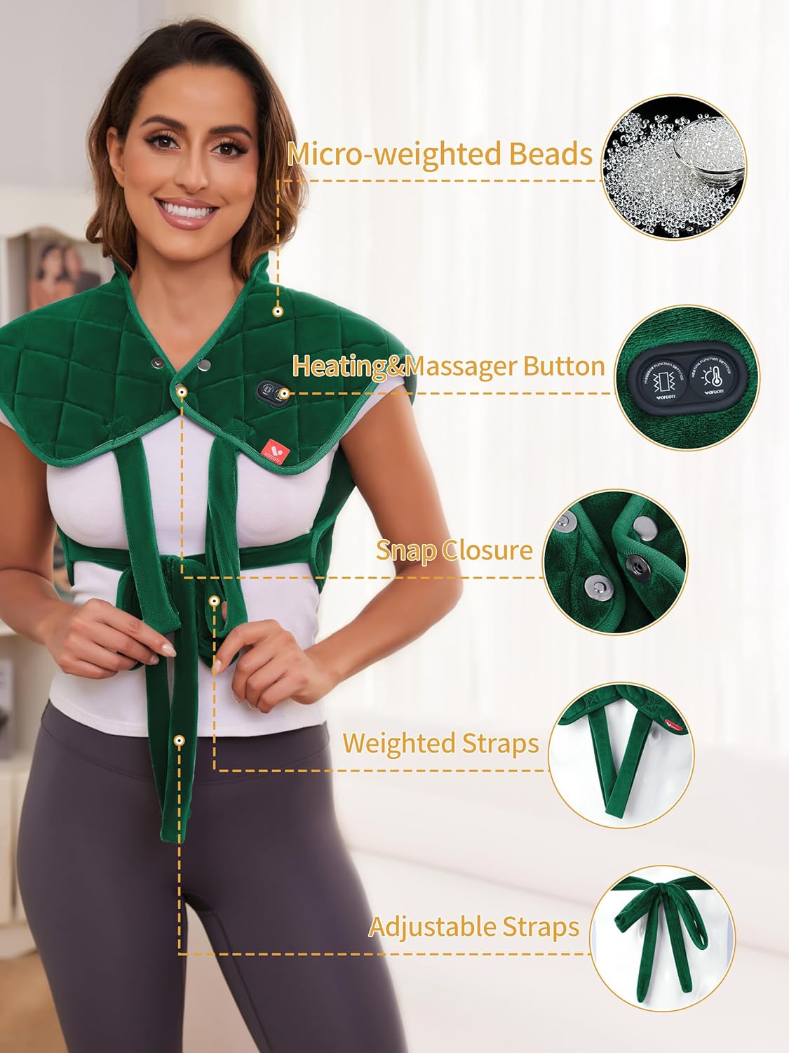 Vofuoti Heating Pad for Neck and Shoulders, Portable Heating Pad with Massager and Battery, Weighted Electric Heated Neck Shoulder Wrap, 16'' x 22'', 2.2lbs