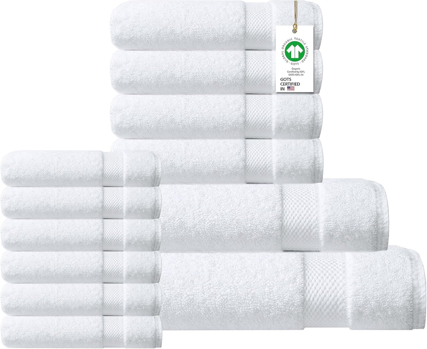 Delara 100% Organic Cotton Towels 650 GSM Plush Feather Touch Quick Dry Towel, 12-Piece Towel Set GOTS Certified, Oeko-Tex Green Certified, 1 Bath Towel, 1 Bath Sheet, 4 Hand Towels & 6 Wash Cloths