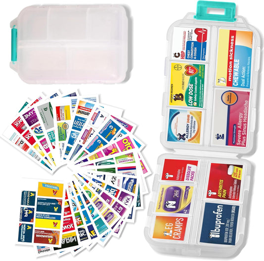 Pill Organizer With Medicine Labels - 7 Day Travel Daily Container, Mini Medication Storage Case, White With 161 Labels