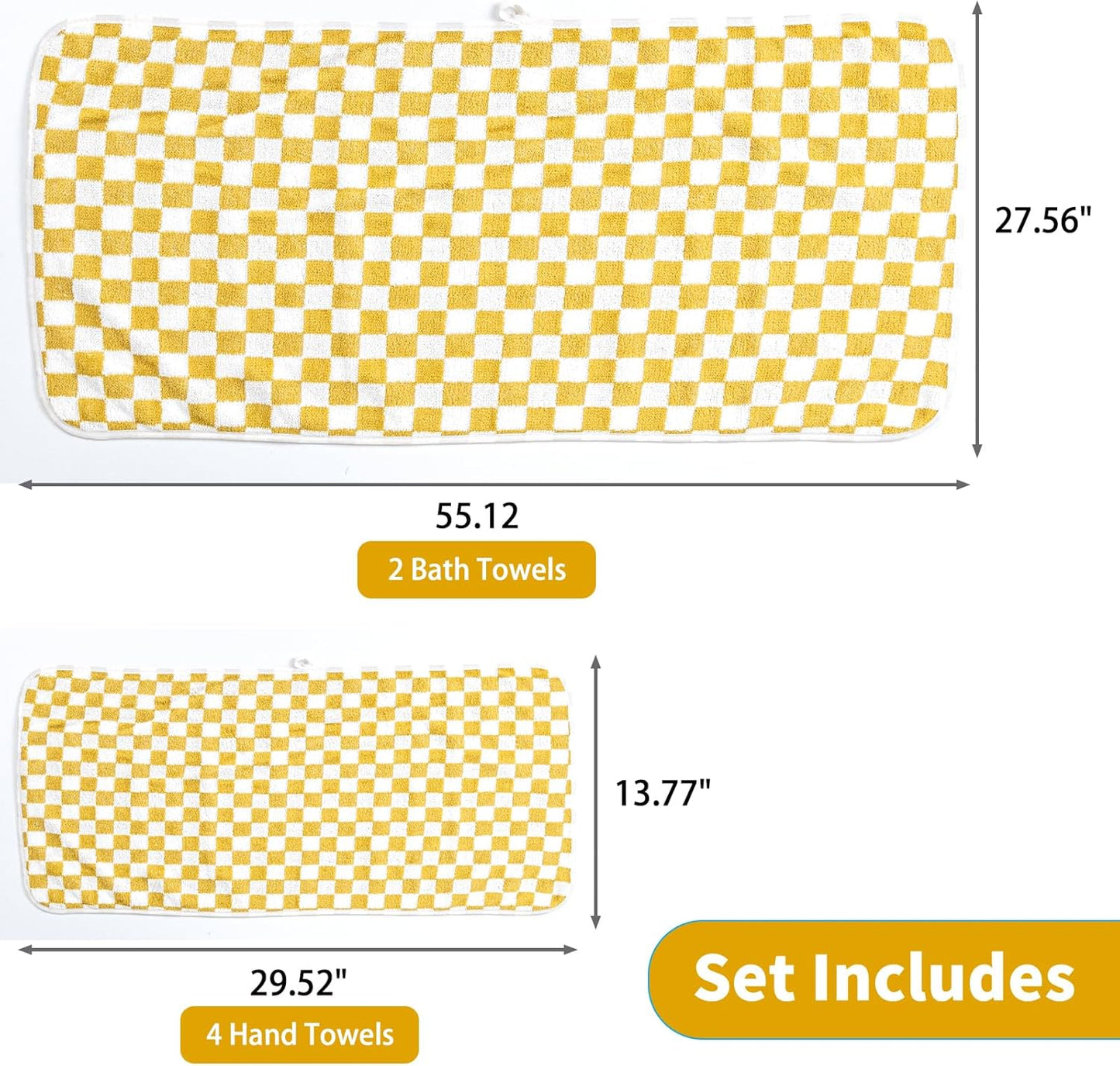 Checkered Bath Towels Set of 6 Large, Microfiber Shower Towels * 2 (55.12"*27.56"), Hand Towels * 4 (29.52"*13.77"),Towels for Bathroom、Pool、Hotel, Spa, Soft Absorbent Quick-Dry（Yellow