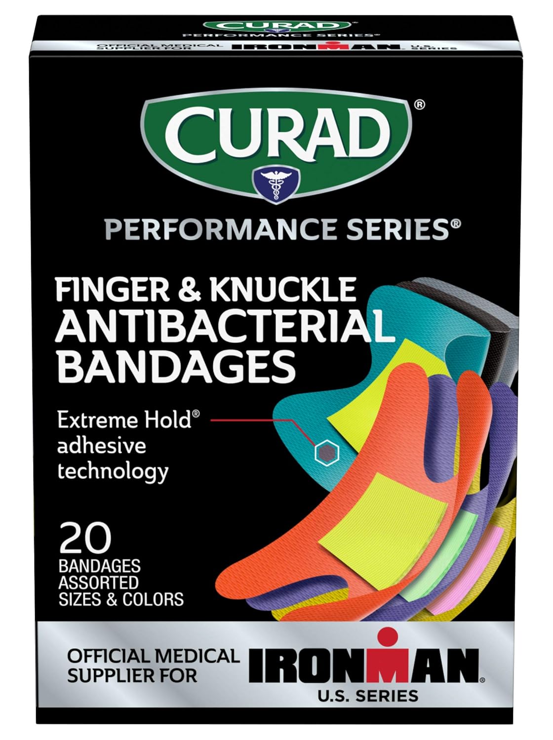 CURAD Performance Series IRONMAN Antibacterial Bandages, Extreme Hold Adhesive Technology, Finger & Knuckle Bandages, Flexible Fabric, Variety Pack with Assorted Sizes & Colors, 20 Count