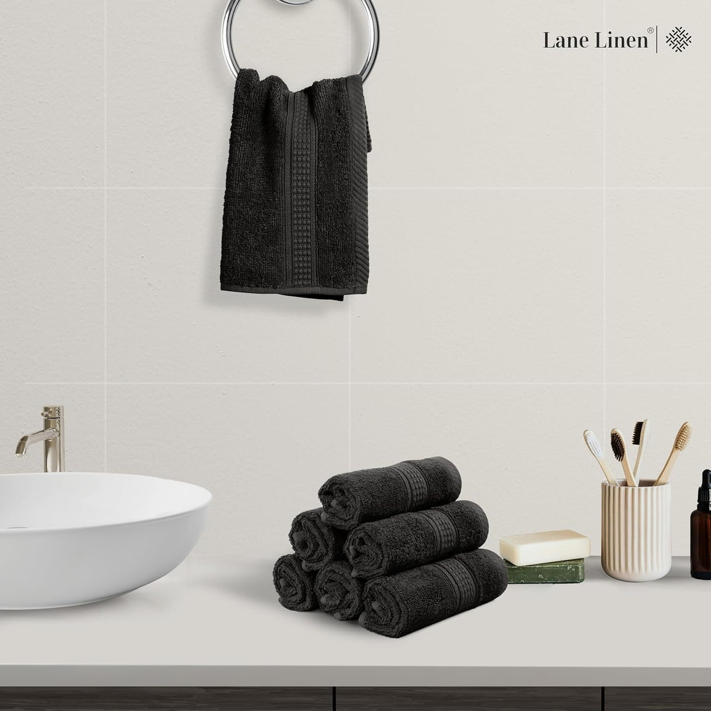 LANE LINEN 100% Cotton Washcloths 24 Pack - Spa & Salon Quality Face Towels - Ring Spun, Soft & Absorbent Wash Cloths for Body, Beauty, Home, Gym - Fingertip Towels Set- 13"x13", Black Washcloths