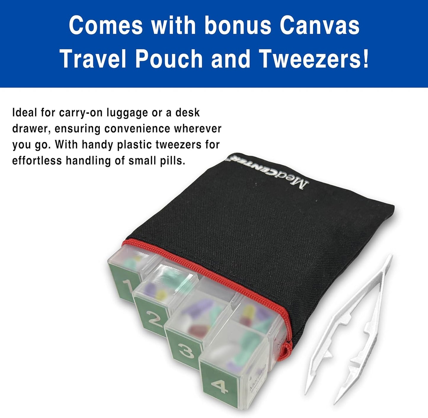 Travel Pill Organizer with Zipper Pouch & Tweezers – Portable 4-Day Medication Case with Labeled Compartments for Travel, Vitamins & Supplements