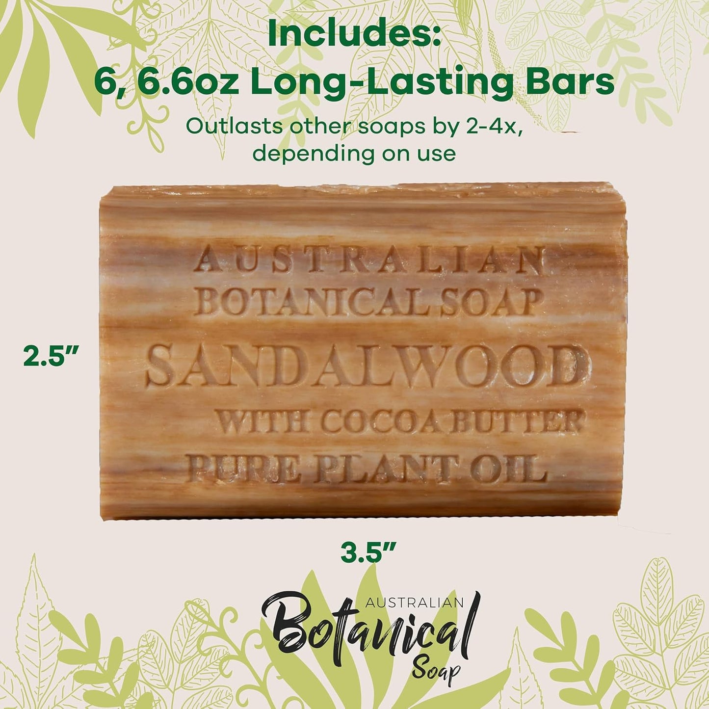 Australian Botanical Soap Sandalwood with Cocoa Butter 6.6 oz Luxury Soap Bars Enriched with Shea Butter, Suitable for Men, Women and All Skin Types, Pack of 6