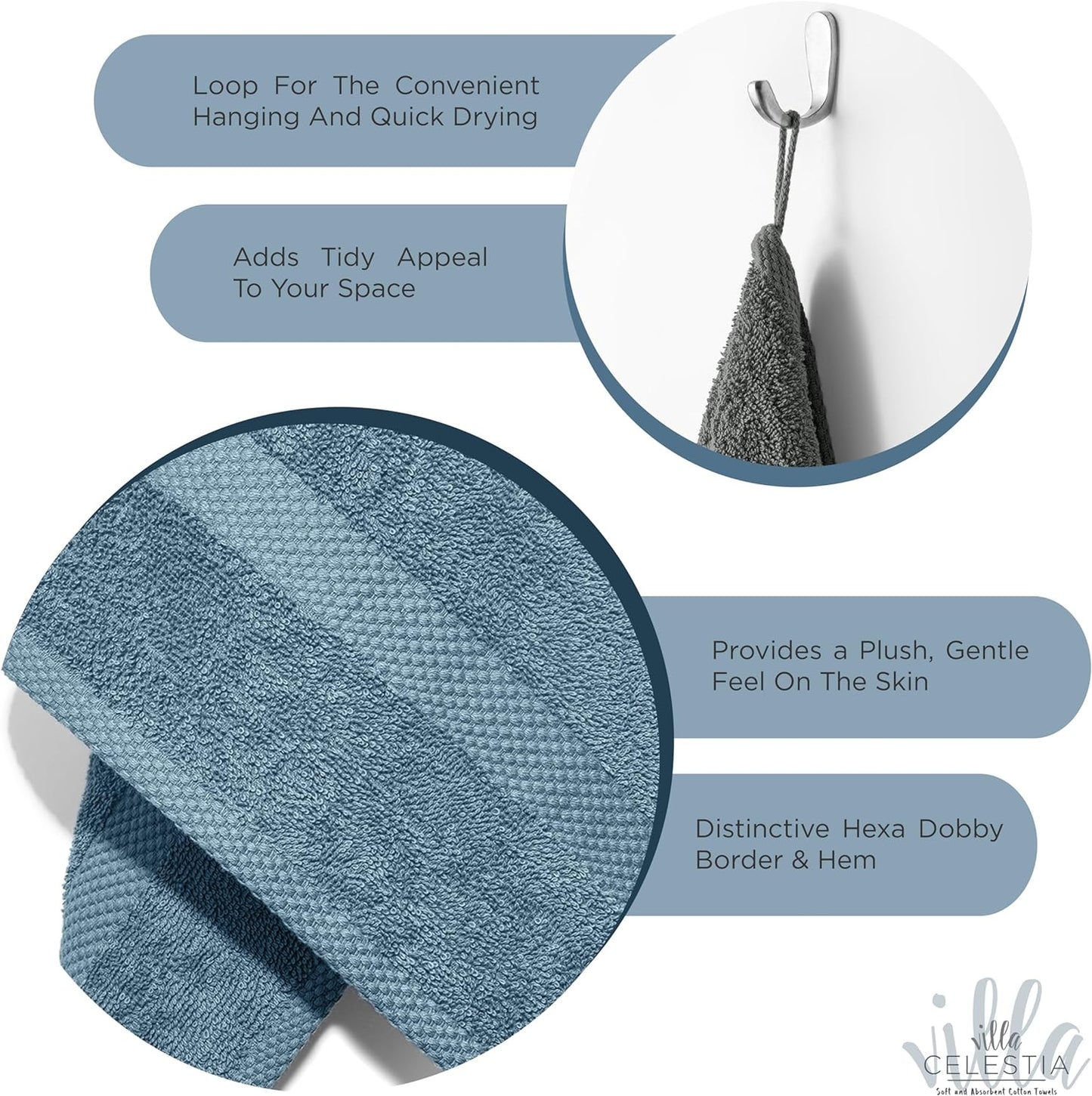 100% Cotton Bath Towel Set of 12-4 Bath Towels, 4 Hand Towels, 4 Wash Cloths, Sustainable, Soft, Highly Absorbent, Combed Cotton 12 Piece Set for Hotels, Spa, Bathroom, Dorm, Blue