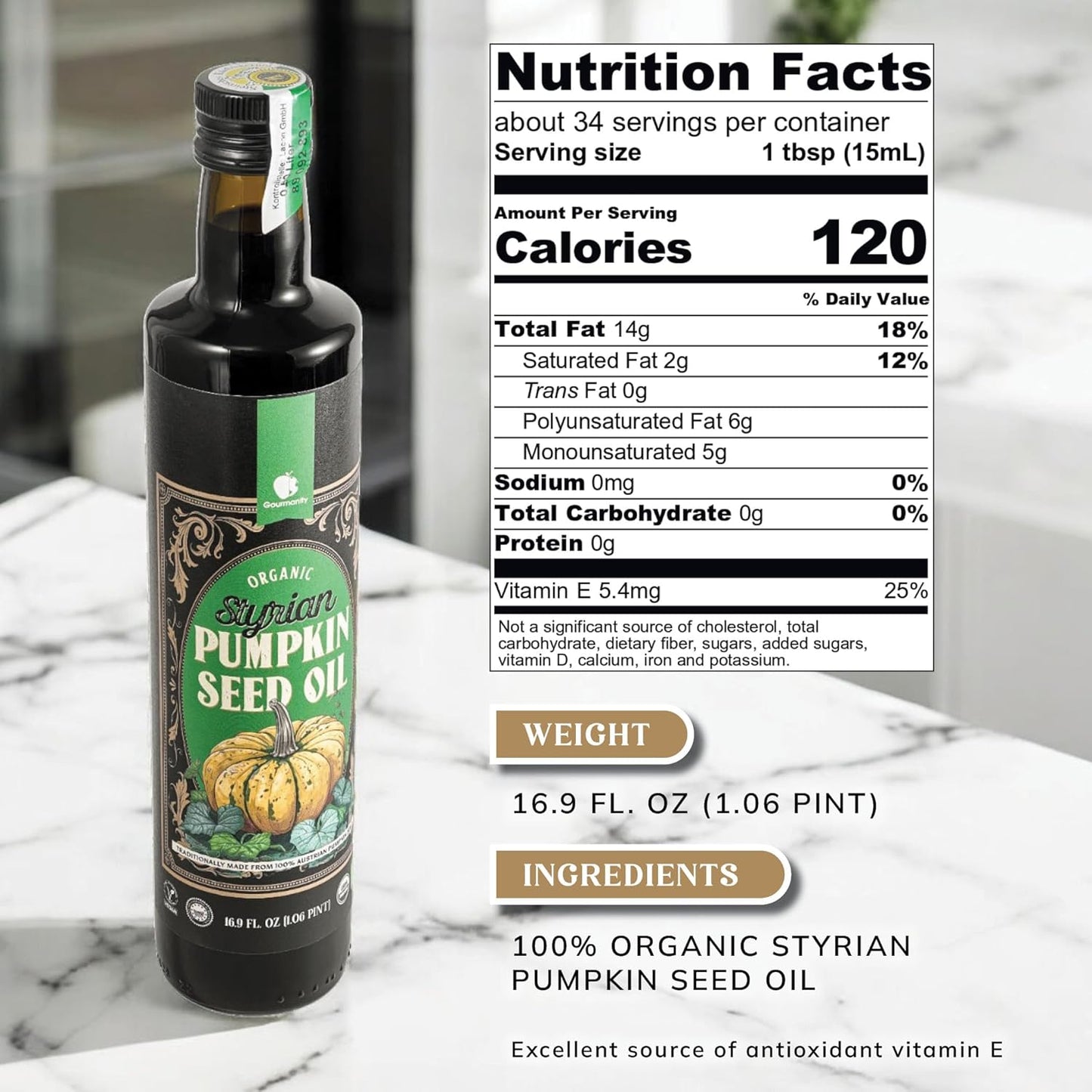 Gourmanity Organic Cold Pressed Styrian Pumpkin Seed Oil, Traditionally Made in Austria, 100% Pure Healthy and Delicious Oil, Non-GMO, Vegan and Keto Friendly, Perfect Drizzled Over Salads, 16.9 oz