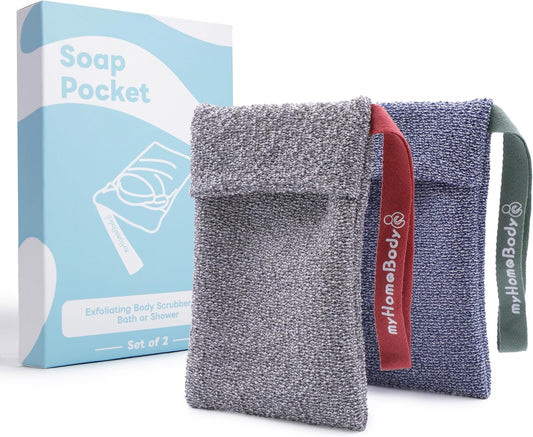 myHomeBody Soap Pocket for Strong Exfoliating, Lather Mesh Bag, Body Scrubber Exfoliator, Pouch for Shower, Leftover Bits Saver, Dark Blue, Gray - 2 Pack