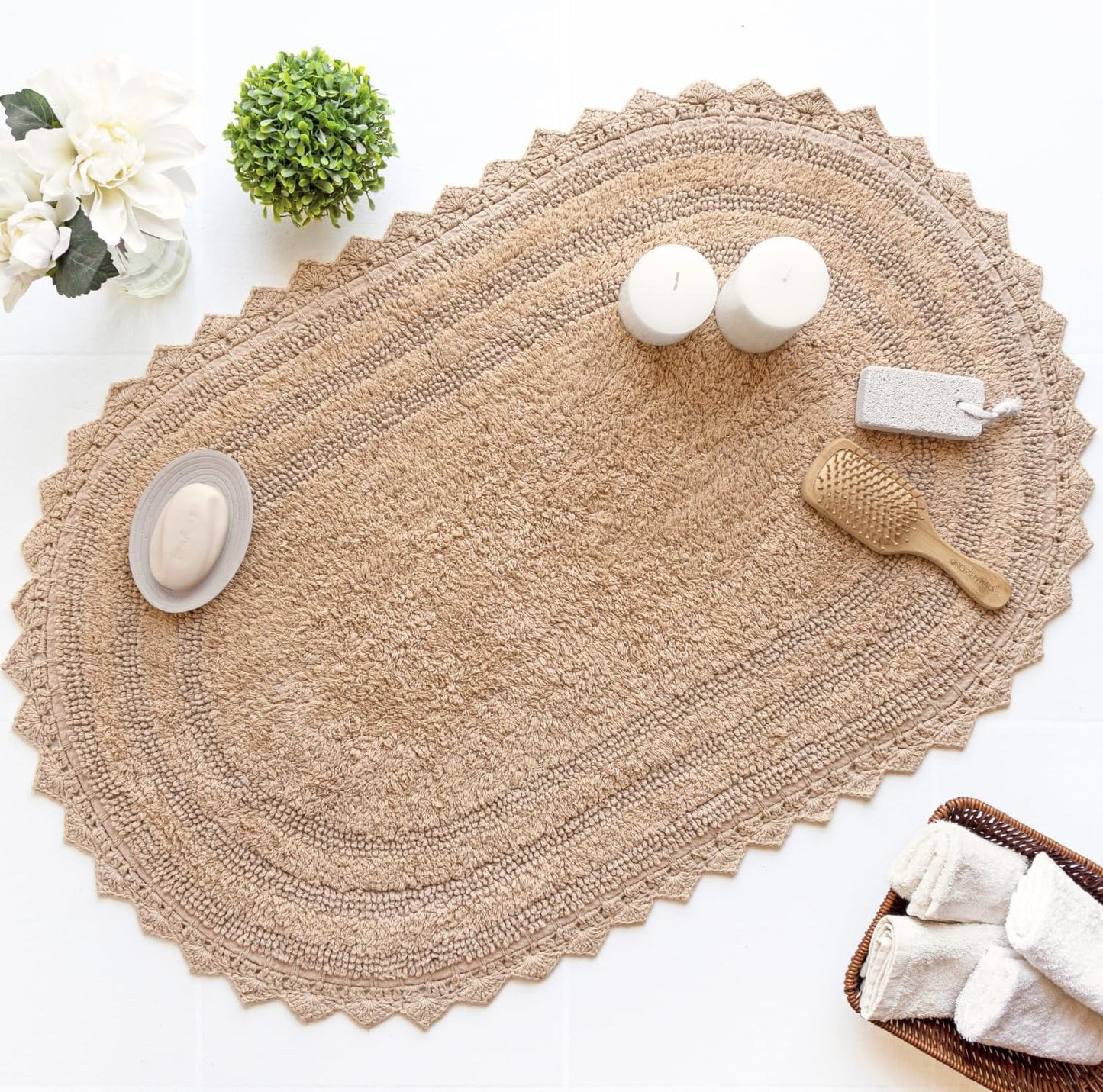 RAJRANG Sand Bathroom Rug with Crochet Pattern Soft Absorbent Reversible Boho Cotton Bath Mat Warm Sand Oval 34x21 Inches