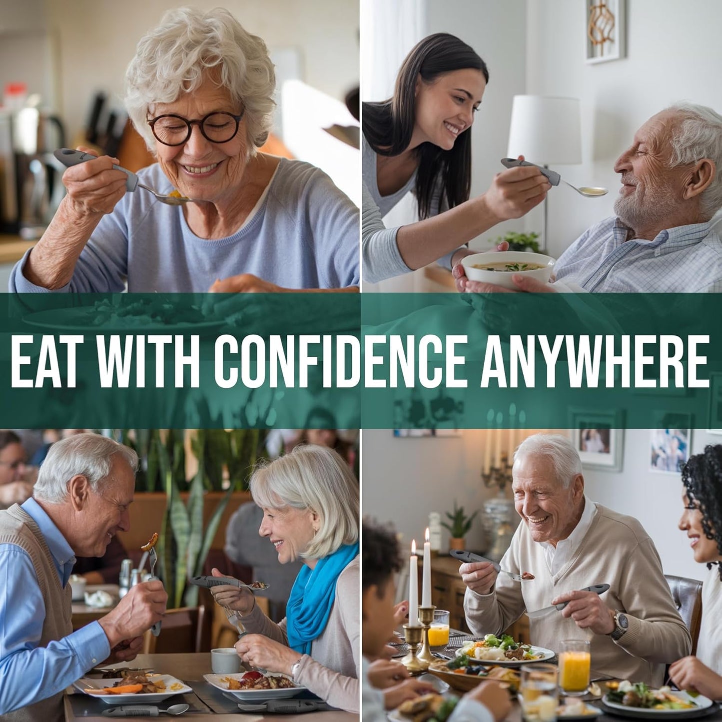 BUNMO Adaptive Utensils for Elderly, Tremors & Weak Hand Grips – 4pc Lightweight Assistive Silverware Set with Foam Easy Grip Handles – Discreet Canvas Travel Wrap – Dishwasher Safe