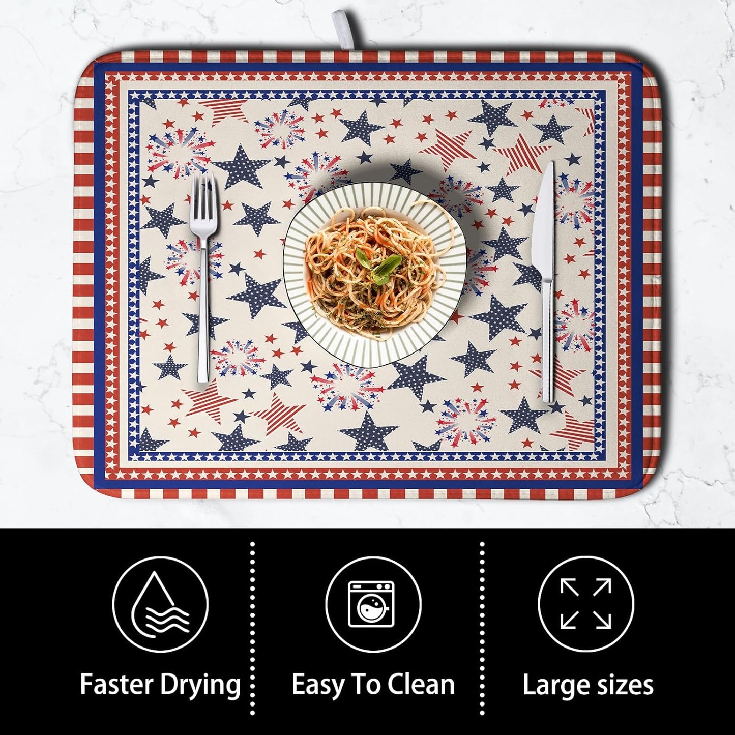 Happy 4th of July Patriotic Dish Drying Mat 18 x 24 Inch US Independence Day Vintage Star Kitchen Drying Mat Blue White Red Dish Drainer Mats Super Absorbent Dish Rack Pad for Coffee Bar Sinks
