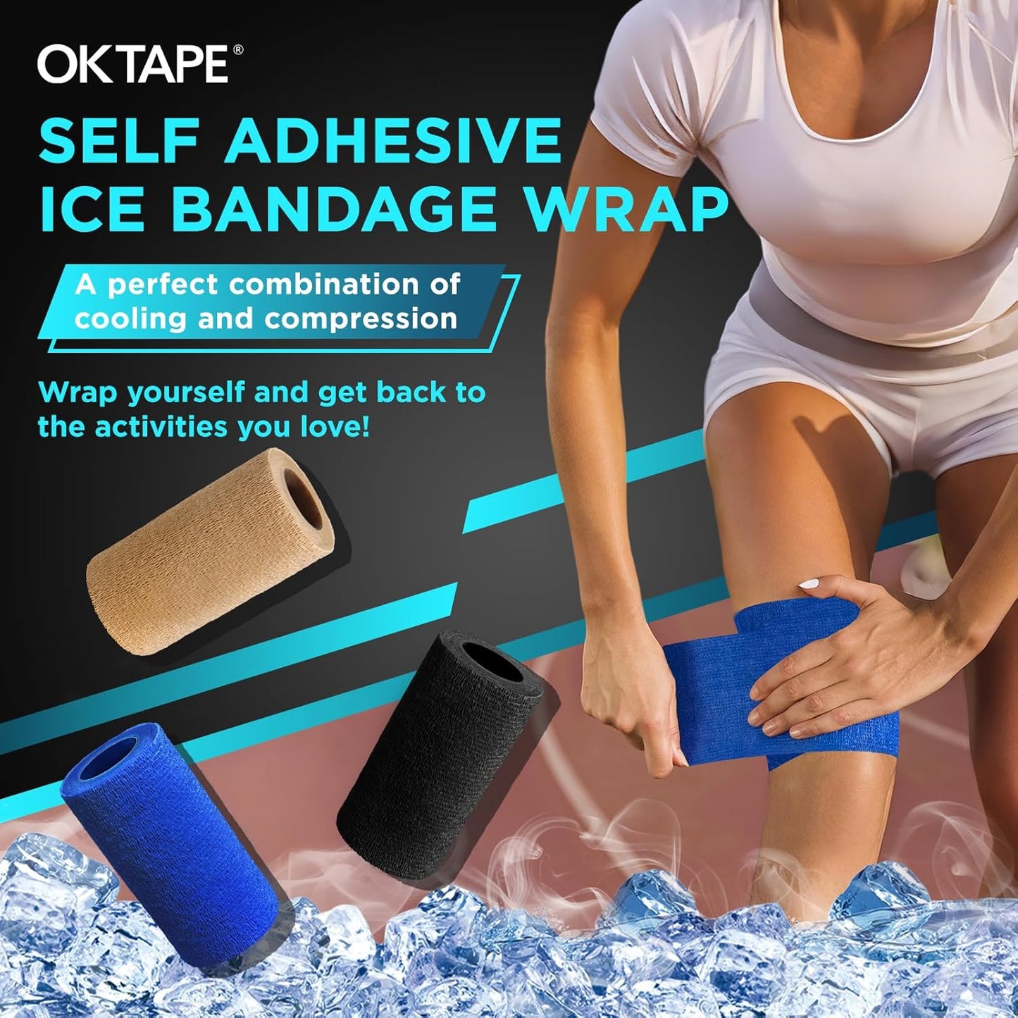 OK TAPE Ice Self Stick Bandage Wrap, Instant Cold Relief for Knee, Ankle, Wrist, Cold Compress Elastic Athletic Tape for Sports Injuries, No Refrigeration Needed, 4 Inch x 15 Feet, 2 Rolls, Black