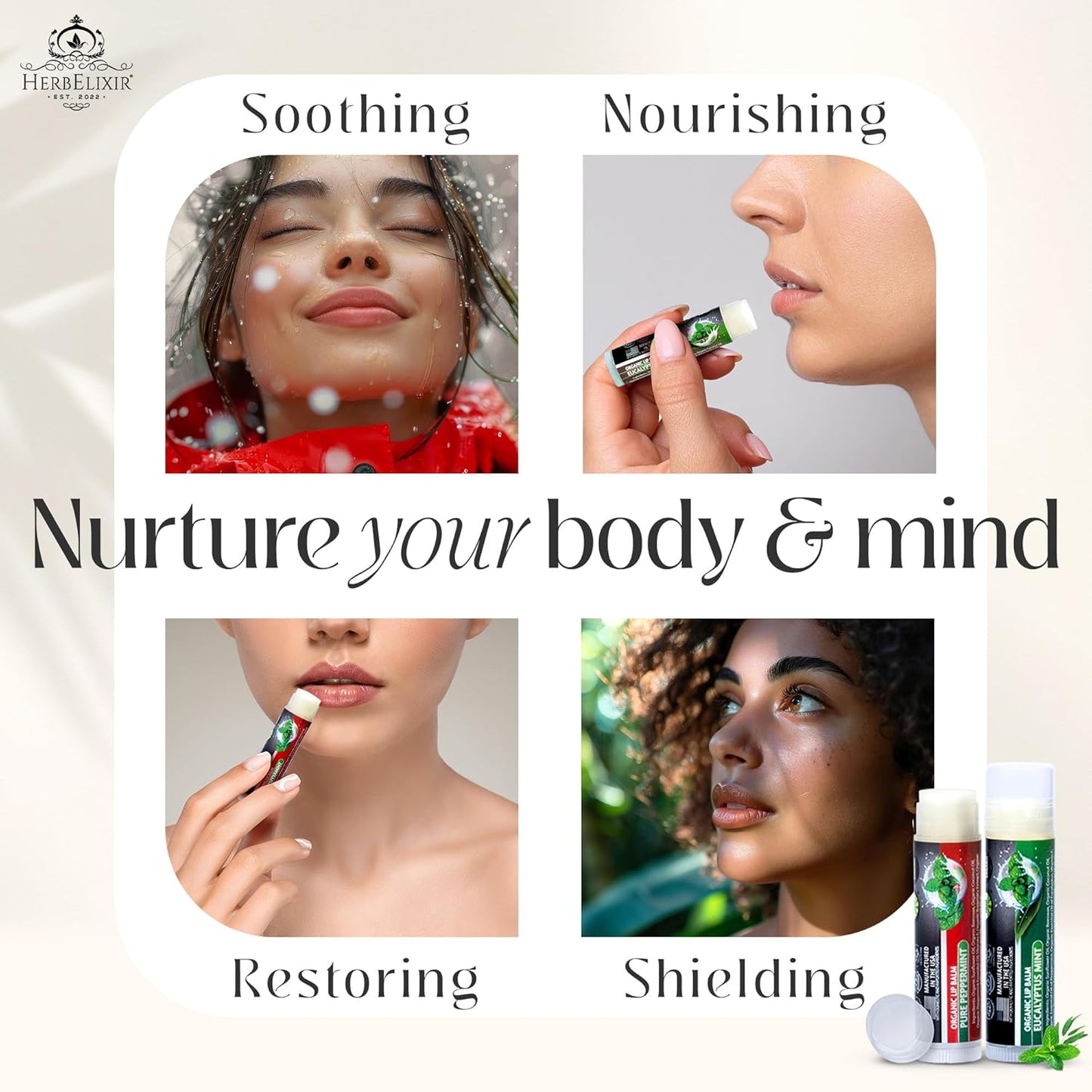 Organic Lip Balm Variety Pack | 4 Pack Peppermint & Eucalyptus Mint Chapstick Set | Moisturizing for Dry Lips | For Men and Women