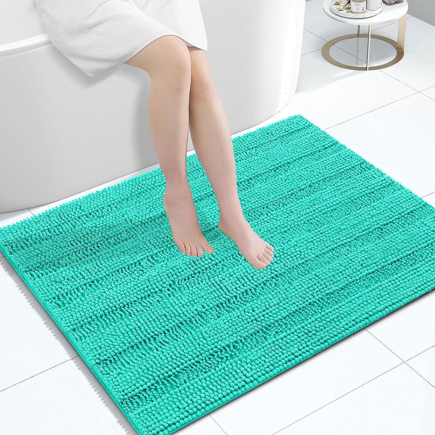 Grandaily Chenille Striped Bathroom Rugs 40x32, Extra Thick and Absorbent Bath Mats, Non-Slip Soft Plush Shaggy Shower Carpet, Machine Wash Dry, Bath Rug for Bathroom, Teal