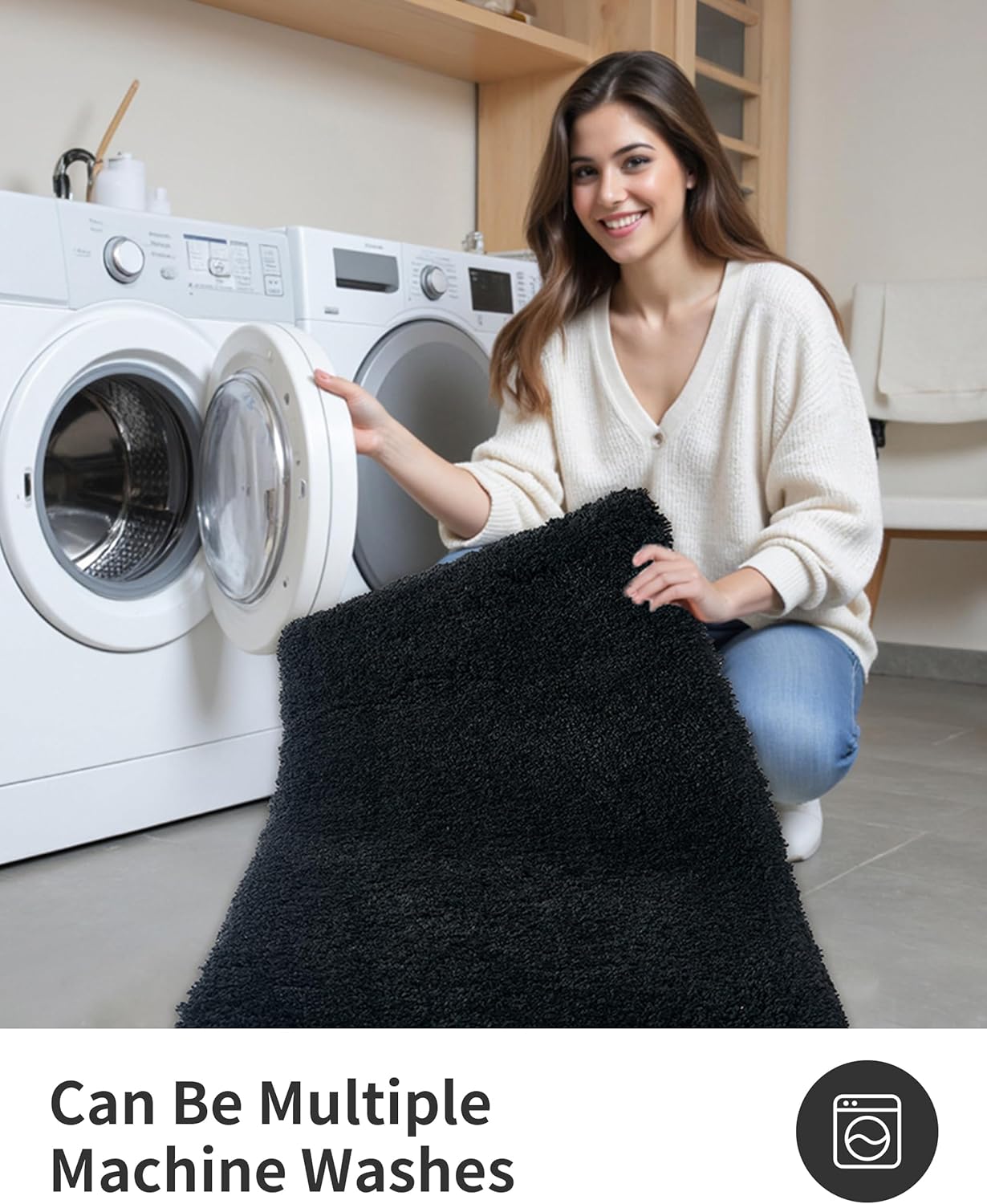 ILANGO Black Toilet Rugs U Shaped 22" × 24" Non Slip & Super Absorbent Extra Thick Soft, Washable Bath Mats for Bathroom Floor, Microfiber Plush Shaggy Contour Bath Rugs for Toilet,Dry Quick